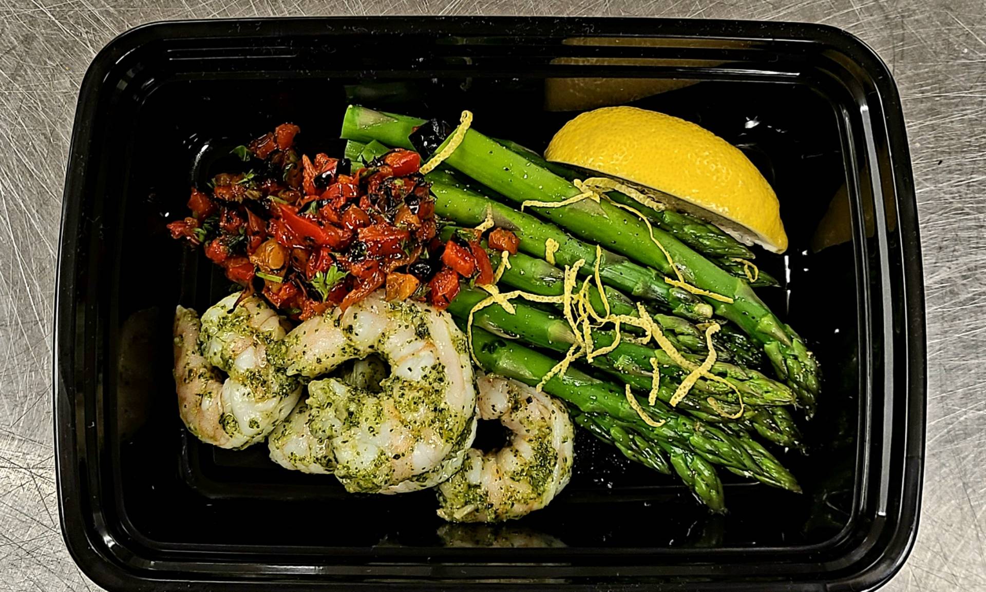 KETO Pesto Rubbed Shrimp, Asparagus with Lemon and Roasted Pepper Relish