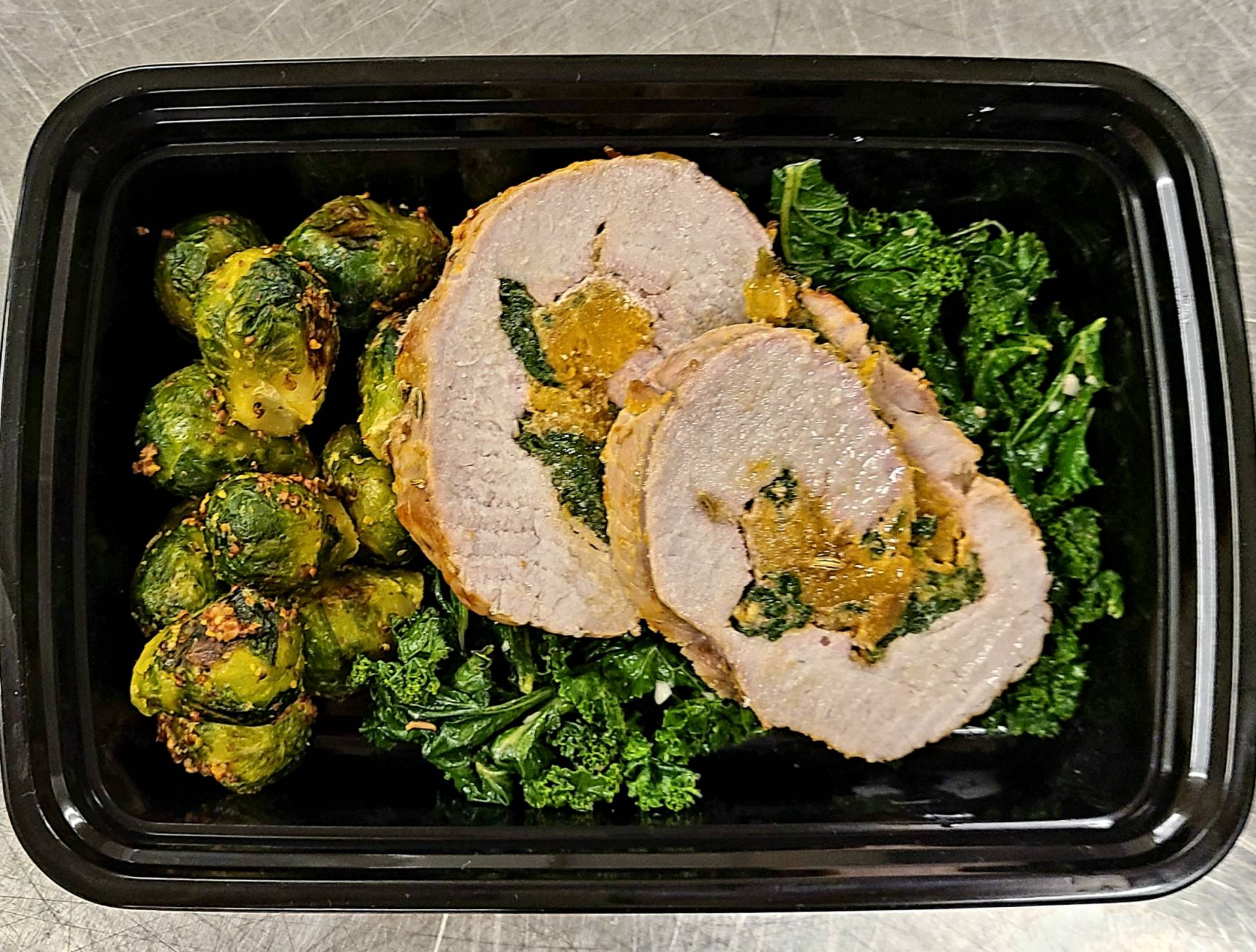 KETO Stuffed Pork Loin, Sauteed Kale and Mustard Glazed Brussels Sprouts