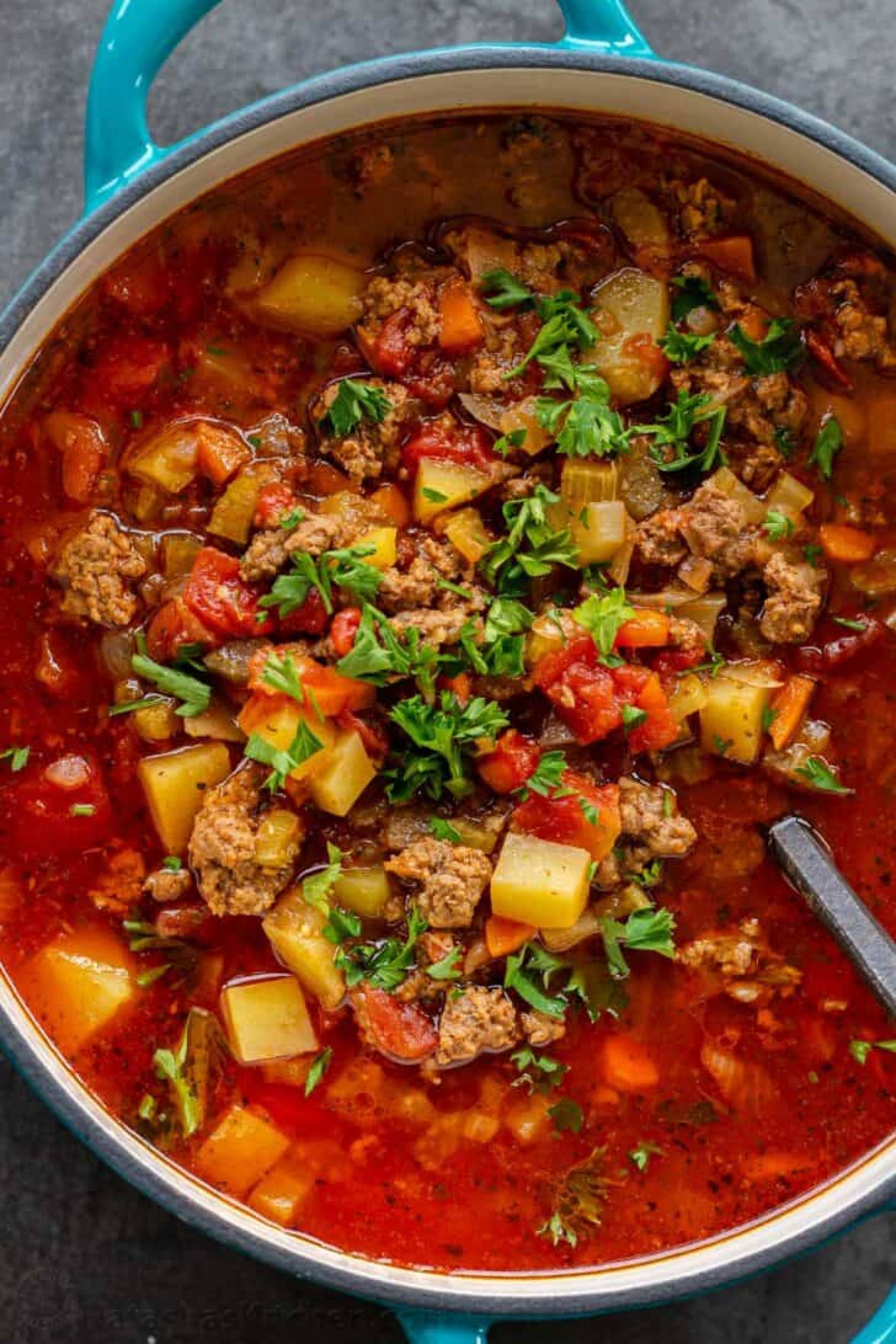 Rustic Beef and Vegetable Soup Meal with Mixed Greens